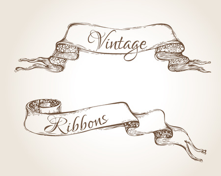 Vector vintage banner ribbons. Handdrawn sketch sepia illustration. There is copy space for text.のイラスト素材