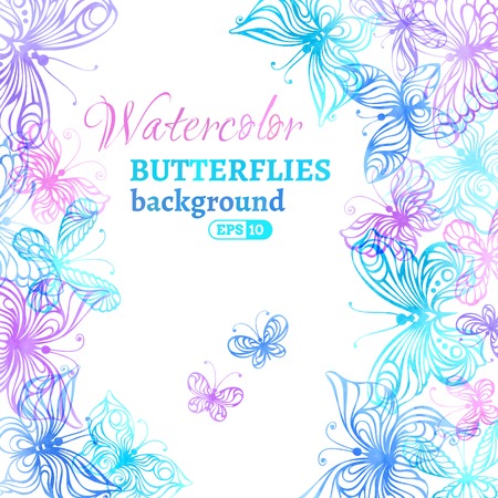 Watercolor colourful butterflies background. Vector illustration. There is place for your text in the center.のイラスト素材
