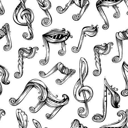 Seamless music pattern. Black and white handdrawn background.のイラスト素材