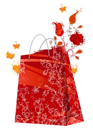 Red watercolor flowers grow out of a red shopping bag. Grunge illustration.のイラスト素材