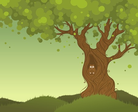 Lonely tree background. Color background with owl in hollow of a treetrunk. There is place for your text in the sky.のイラスト素材