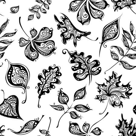 Seamless pattern of vintage leaves. Ornate background of handdrawn leaves for your design. Black and white illustration.のイラスト素材