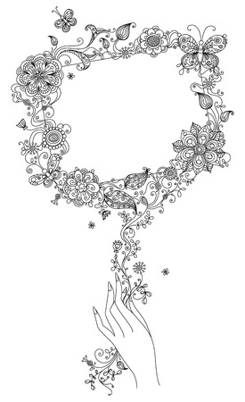 Handdrawn floral sign. Illustration with linear flowers leaves butterflies and blank sign for your text.のイラスト素材