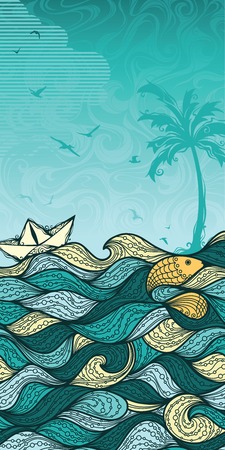 Abstract sea background. Sea palm summer fish paper ship gulls. Summer vertical background for your design. There is blank place for your text in the sky.のイラスト素材