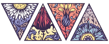Vector set of bright floral triangles. Floral ornament isolated on white background.のイラスト素材