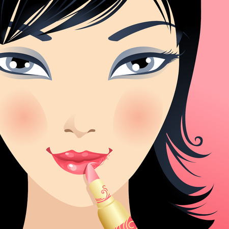 Applying lipstick. Vector square illustration of woman.のイラスト素材