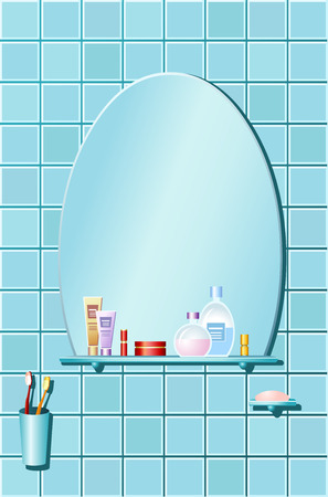 The bathroom. Vector illustrations of bathroom in blue design with cosmetics and beauty products.のイラスト素材