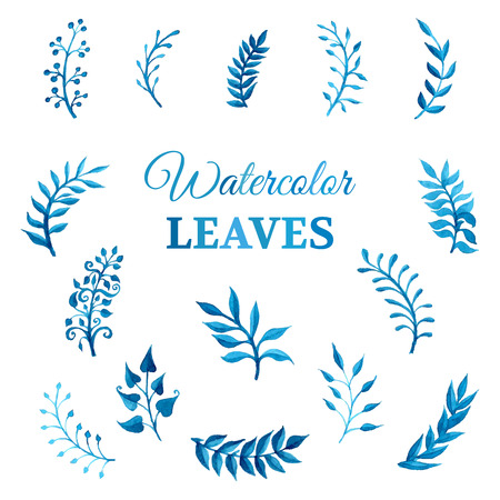 Vector set of vector watercolour leaves. Bright blue leaves isolated on white background.のイラスト素材