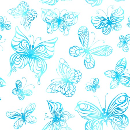 Seamless pattern of watercolor butterflies. Blue butterflies on white background. Vector illustration.のイラスト素材