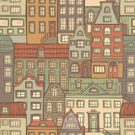 Seamless urban pattern. Various handdrawn houses. City background.のイラスト素材