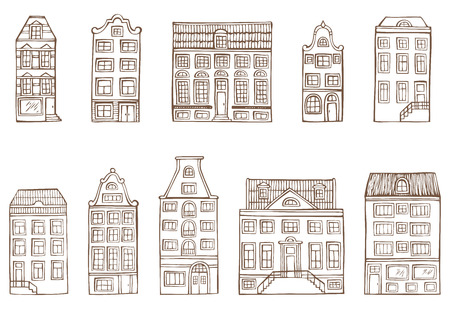 Sketch houses. Ten handdrawn houses isolated on white background in sepia.のイラスト素材