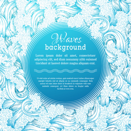 Vector waves background. Handdrawn seaocean decorative illustration. There is place for text in the center.のイラスト素材