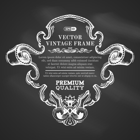 Vector chalk border frame with retro ornament. Vintage badge with retro ornament for page decoration invitation congratulation or greeting card. There is place for text.のイラスト素材