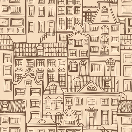 Seamless urban pattern. Handdrawn sketch houses. City background.のイラスト素材