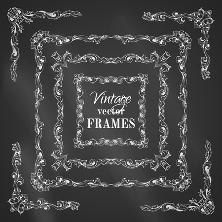 Vector set of chalk vintage border frames. Handdrawn square frames with retro ornament for invitation congratulation or greeting card. There is place for your in the center.のイラスト素材