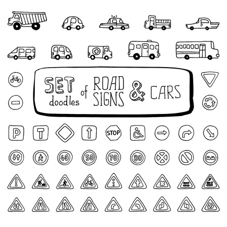 Vector Set Of Doodles Road Signs And Cars Handdrawn Design Elements Isolated On White Background のイラスト素材 ストックフォト 写真素材のstock Foto ストックドットフォト