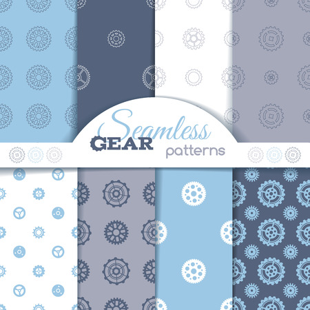 Vector set of seamless gear patterns. Various technical backgrounds. Linear gears and gear silhouettes.のイラスト素材