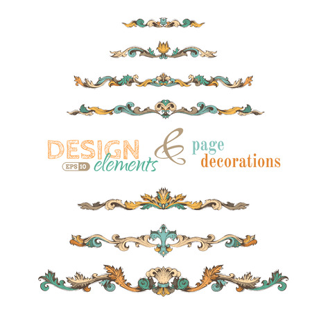 Vector set of vintage design elements and page decorations. Handdrawn page dividers and headpieces isolated on white background.のイラスト素材