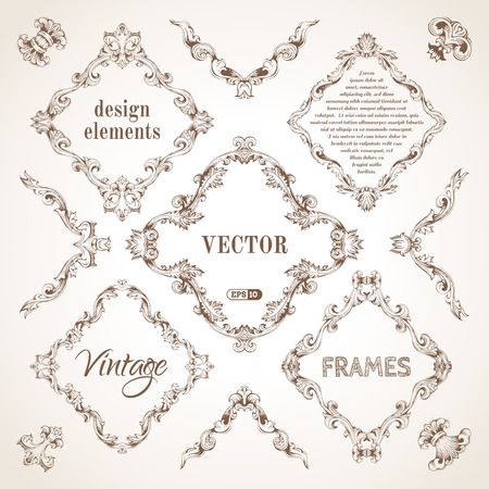Vector set of vintage sepia frames. Retro hand-drawn frames and corners with retro ornament for page decoration. There are places for your text.のイラスト素材