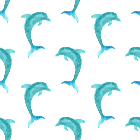 Seamless watercolour dolphin pattern. Blue watercolour dolphins on white background. Boundless background for your design. Boundless pattern can be used for web page backgrounds, wallpapers, wrapping papers, invitation and summer designs.のイラスト素材