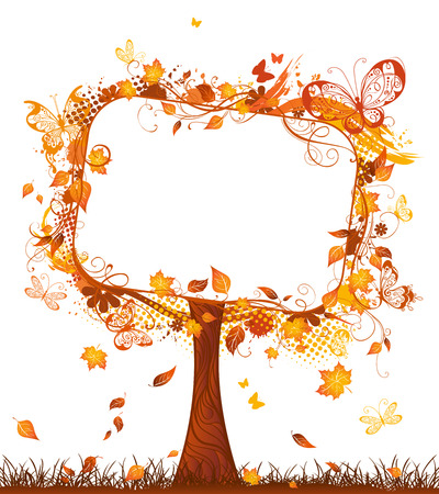 Blank sign on autumn tree. Bright autumn illustration. There is place for your text.のイラスト素材