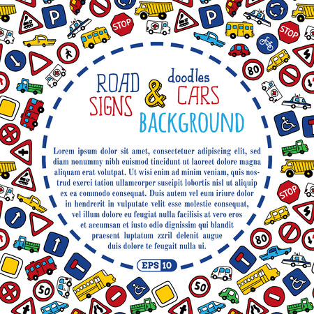 Vector background of doodles road signs and cars. Bright children background. There is copy space for text in the center.のイラスト素材