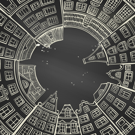 Chalk round city landscape. Hand-drawn houses on blackboard background. There is place for text in the center.のイラスト素材