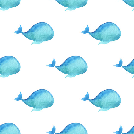 Seamless watercolour whale pattern. Blue watercolour whales on white background. Boundless pattern can be used for web page backgrounds, wallpapers, wrapping papers, invitation and summer designs.のイラスト素材