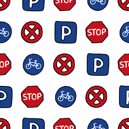 Seamless pattern of doodles road signs. Vector hand-drawn background in cartoon children style.のイラスト素材