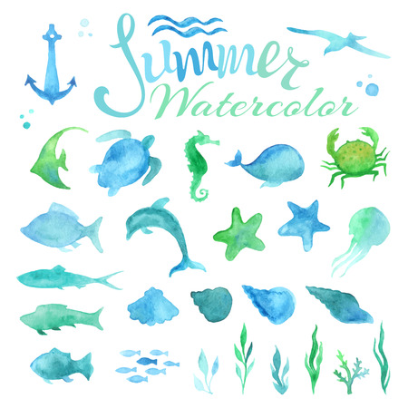 Vector set of watercolour marine life. Various fish, starfish, crab, whale, shell, sea horse, jellyfish, dolphin, turtle, algae, anchor, waves isolated on white background.のイラスト素材
