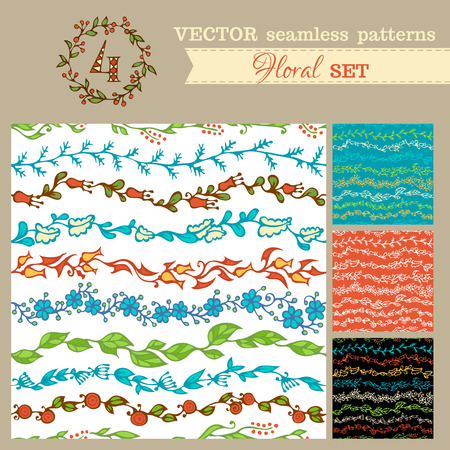 Set of seamless hand-drawn floral patterns. Vector doodles boundless textures can be used for web page backgrounds, wallpapers, wrapping papers, invitations and congratulations.のイラスト素材