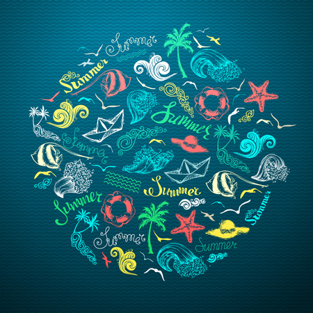 Vector summer background. Travel and vacation symbols in circle for your design.のイラスト素材