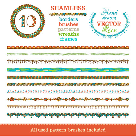 Vector set of seamless doodles geometric borders. Seamless borders can be used for frames, patterns and wreaths. All used pattern brushes are included in brush palette.のイラスト素材