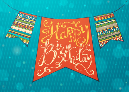 Happy Birthday card. Hand-written text and bright festive garland.のイラスト素材