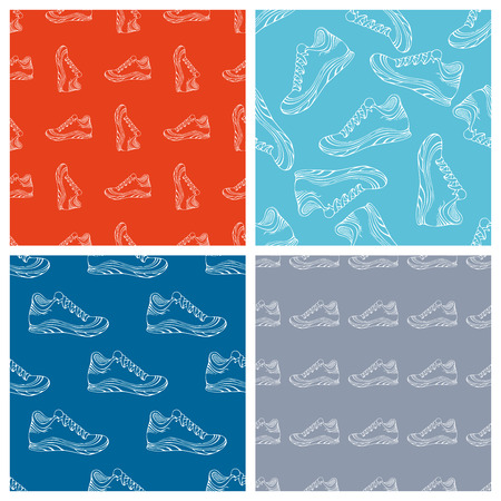 Vector set of seamless shoes patterns. Linear sport shoes on coloured backgrounds. Outline boundless patterns.のイラスト素材