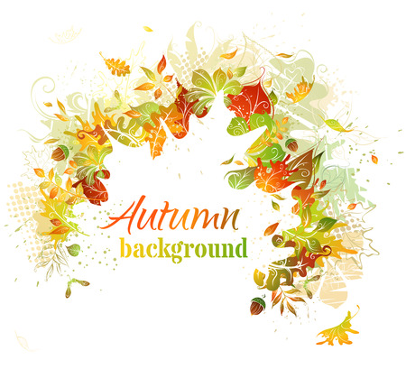 Autumn background. Bright autumn illustration. White leaf silhouette in the center can be used for your text.のイラスト素材