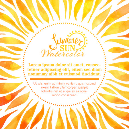 Watercolor summer sun background. Bright hand-painted sun on white background. There is place for your text in the center.のイラスト素材