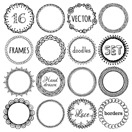 set of hand-drawn ethnic frames. Doodles circle geometric frames isolated on white backgroundのイラスト素材