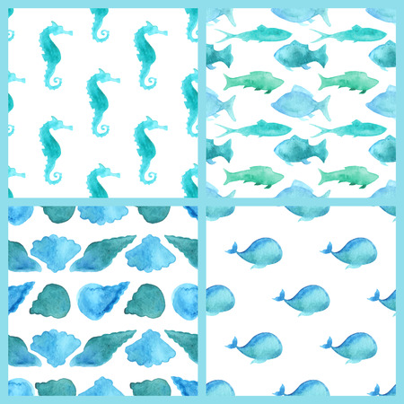 Set of watercolor marine boundless patternsのイラスト素材
