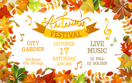 Autumn Festival template. Bright colourful autumn leaves on horizontal white background. You can place your text in the center.のイラスト素材