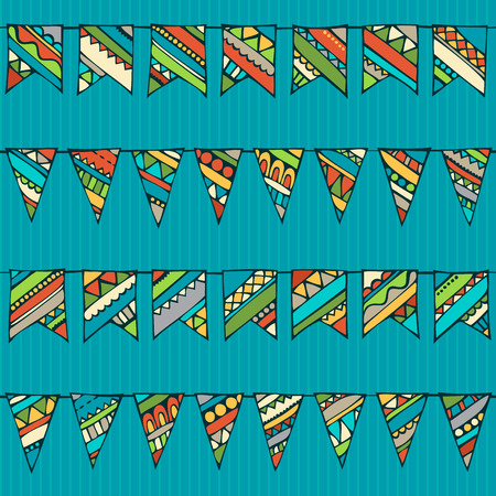 Seamless pattern of doodles garlands. Hand-drawn bright cartoon garlands on blue background. Boundless texture can be used for web page backgrounds, wallpapers, wrapping papers or invitations.のイラスト素材