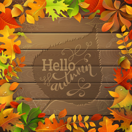 Hello Autumn! Bright colourful autumn leaves on wood background. Hand-written text in the center.のイラスト素材