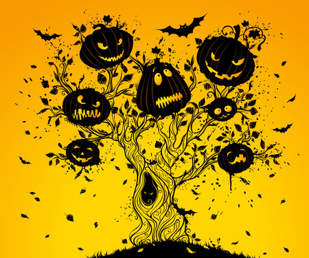 Halloween tree. Grunge Halloween tree with Jack-O-Lanterns and bats on its branches.のイラスト素材