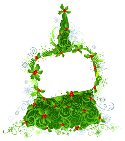 Blank sign on Christmas tree. Ornate tree and blank sign for your text isolated on white background.のイラスト素材