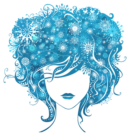 Abstract girl with snowflakes in hair. Various vintage hand-drawn snowflakes. Isolated on white background.のイラスト素材
