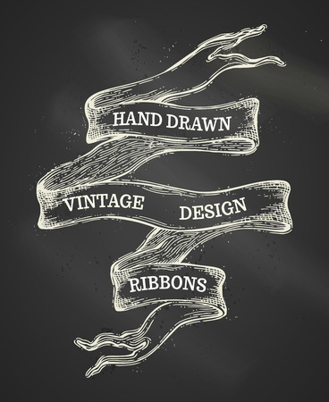 Vector vintage chalk ribbon banner. Hand-drawn sketch illustration on blackboard background. There is copy space for your text.のイラスト素材