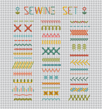 Sewing set on white evenweave textile. Set of vector stitch patterns, borders, sewing page decorations and dividers. All used pattern brushes included.のイラスト素材