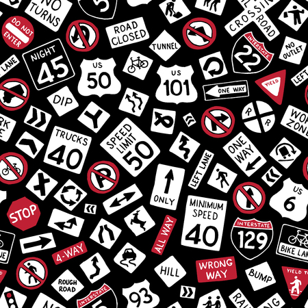 Seamless pattern of doodles american traffic signs. Vector hand-drawn road signs background. Black, white and red colours. Boundless texture can be used for web page backgrounds, wallpapers, wrapping papers.のイラスト素材