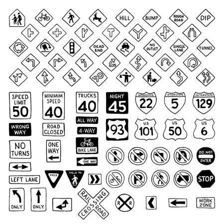 Vector set of doodles road signs. Hand-drawn traffic sign icons in the United States isolated on white background.のイラスト素材