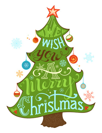 We Wish You a Merry Christmas. Merry Christmas Lettering in Christmas Tree Silhouette. Hand-written text, holly berry, Christmas balls, snowflakes, star on the top of Christmas tree. Isolated on white background.のイラスト素材